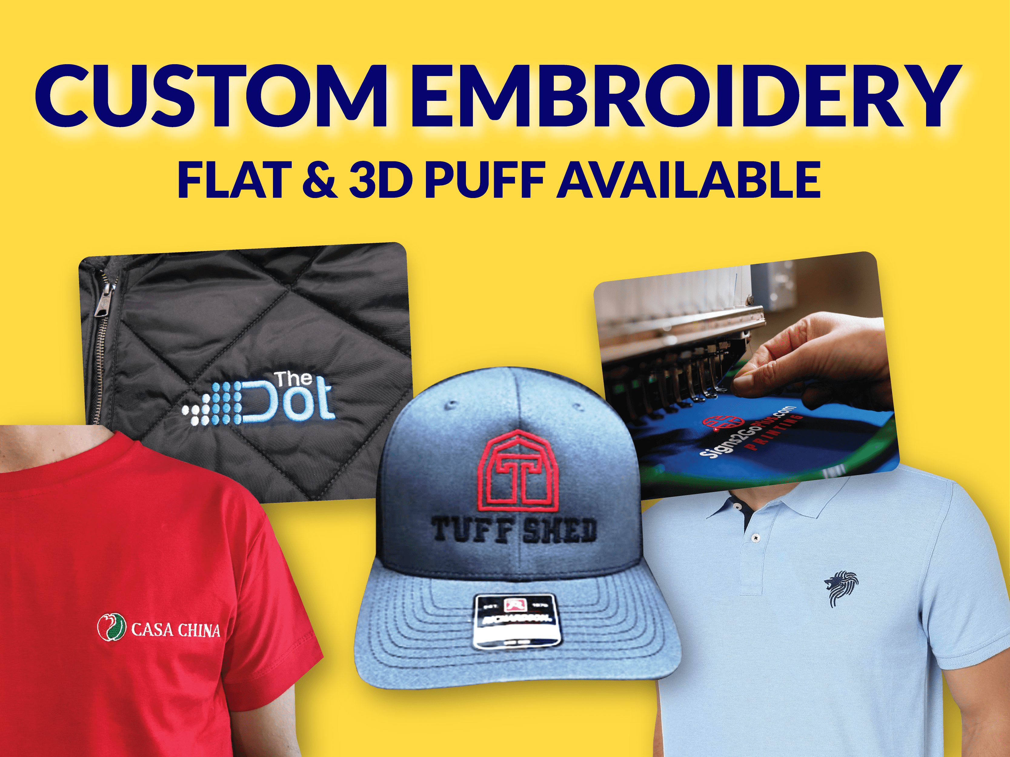 This image refers to our Custom Embroidery promotion. Flat & 3D Puff Available! To learn more about Custom Embroidery, feel free to check out the 'Products' section in the menu. Happy exploring!