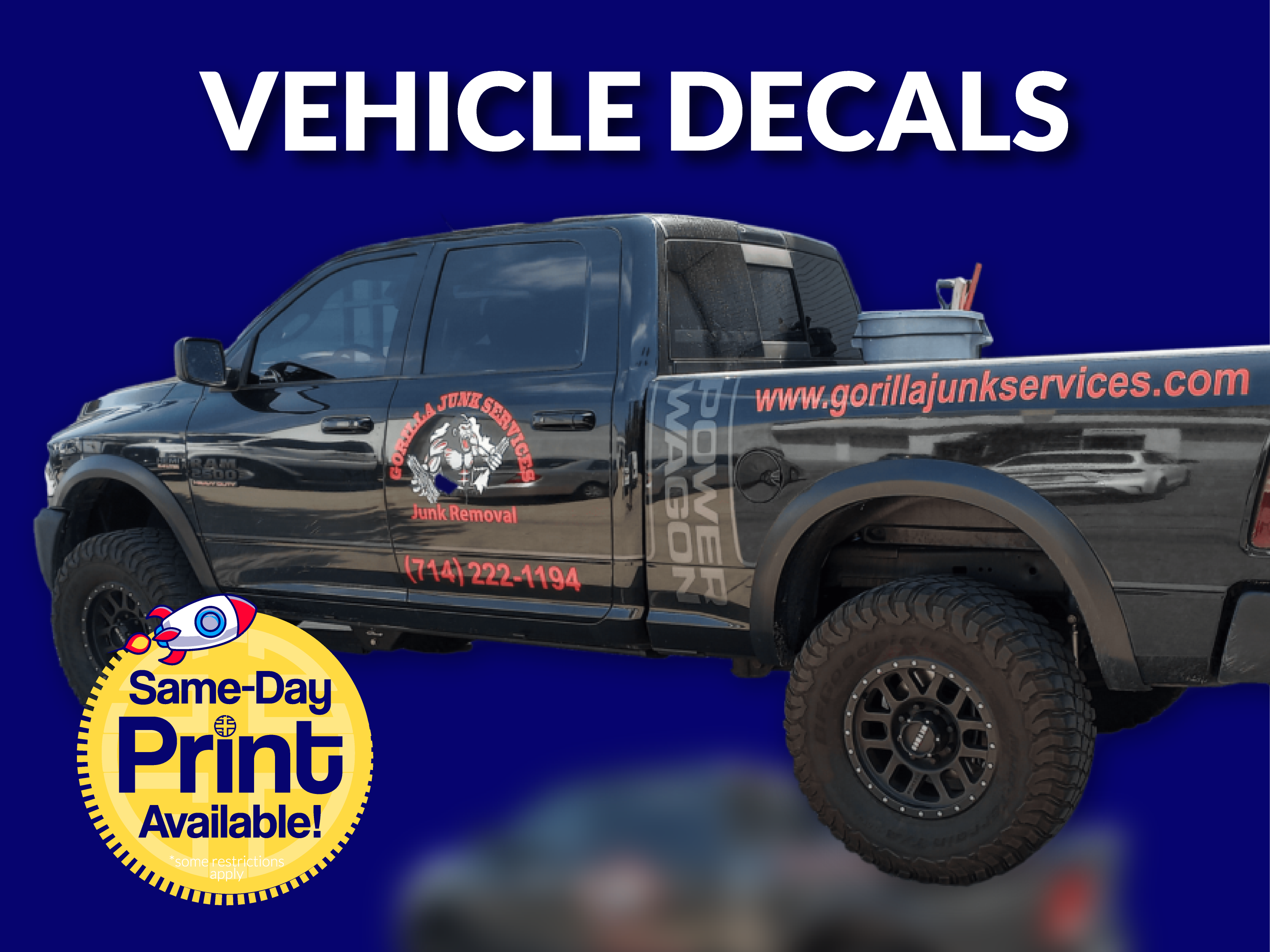 This image refers to our Vehicle Decals promotion with Same Day Print Available. To learn more about Vehicle Decals, feel free to check out the 'Products' section in the menu. Happy exploring!